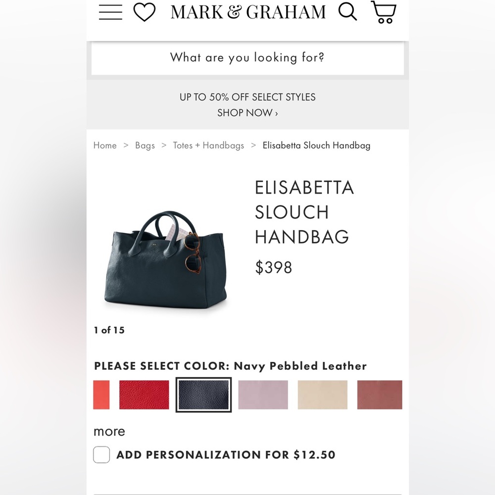 Mark & Graham Elisabetta Pebbled Leather Slouch Bag in Navy. NO MONOGRAM